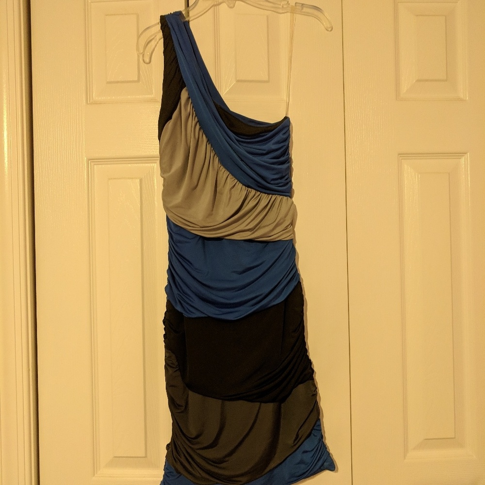 One shoulder blue grey striped dress